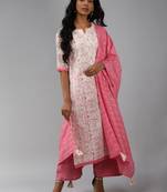Indo Era Off White Floral Printed Straight Kurta Palazzo With Dupatta Set