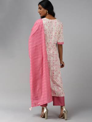 Indo Era Off White Floral Printed Straight Kurta Palazzo With Dupatta Set 2