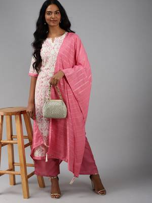 Indo Era Off White Floral Printed Straight Kurta Palazzo With Dupatta Set 4