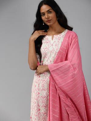 Indo Era Off White Floral Printed Straight Kurta Palazzo With Dupatta Set 5