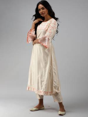 Indo Era Off White Floral Printed A-line Kurta Palazzo With Dupatta Set 3