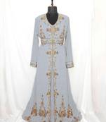Gray Moroccan Kaftan With Sun-proof hijab.