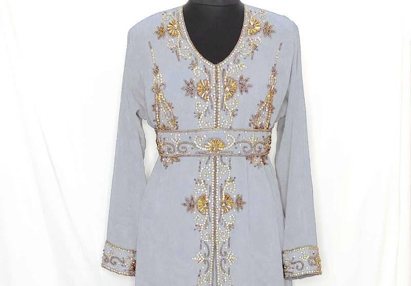 Gray Moroccan Kaftan With Sun-proof hijab.