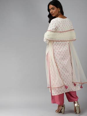 Indo Era Off White Embroidered Straight Kurta Palazzo With Dupatta Set 2