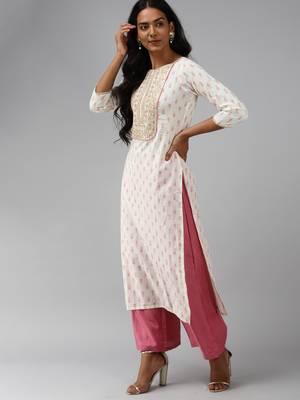 Indo Era Off White Embroidered Straight Kurta Palazzo With Dupatta Set 3
