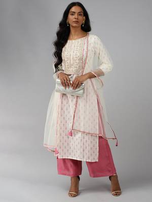 Indo Era Off White Embroidered Straight Kurta Palazzo With Dupatta Set 4