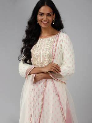 Indo Era Off White Embroidered Straight Kurta Palazzo With Dupatta Set 5