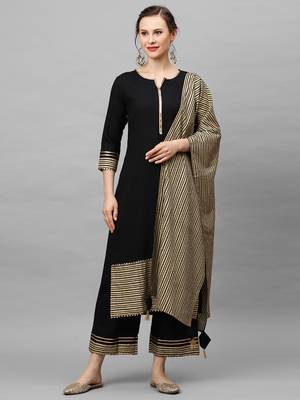 Indo Era Black Solid Straight Kurta Palazzo With Dupatta Set 1