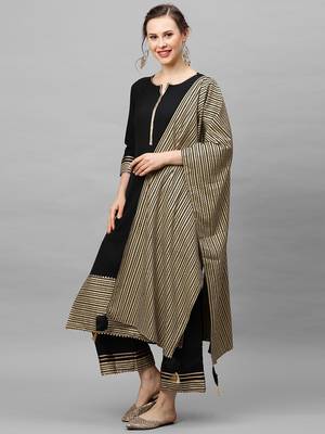 Indo Era Black Solid Straight Kurta Palazzo With Dupatta Set 3