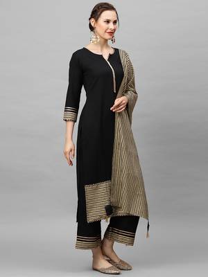 Indo Era Black Solid Straight Kurta Palazzo With Dupatta Set 4