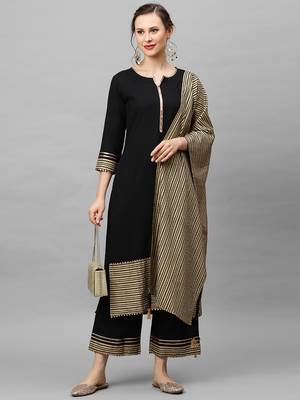 Indo Era Black Solid Straight Kurta Palazzo With Dupatta Set 5