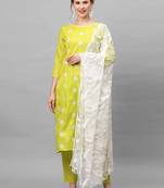 Indo Era Yellow Embroidered Straight Kurta Trouser With Dupatta Set