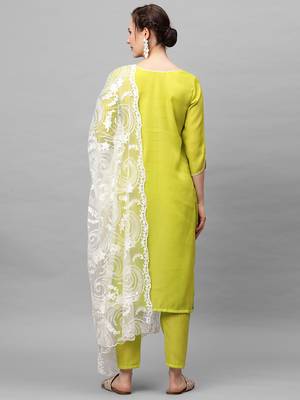 Indo Era Yellow Embroidered Straight Kurta Trouser With Dupatta Set 2