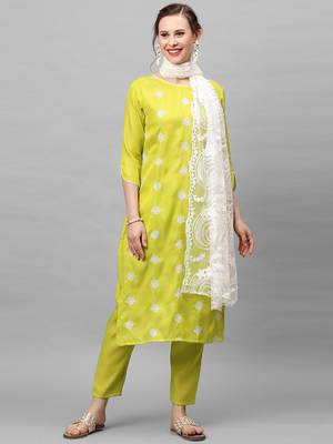 Indo Era Yellow Embroidered Straight Kurta Trouser With Dupatta Set 5