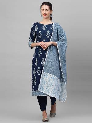 Indo Era Navy Blue Floral printed Kurta Palazzo With Hand Made Dupatta Set 1
