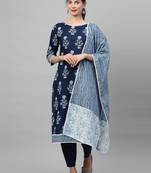Indo Era Navy Blue Floral printed Kurta Palazzo With Hand Made Dupatta Set