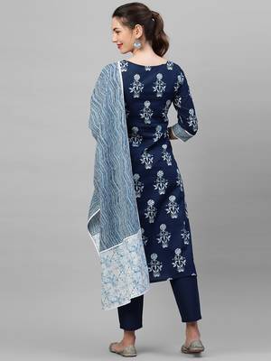Indo Era Navy Blue Floral printed Kurta Palazzo With Hand Made Dupatta Set 2