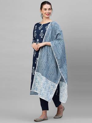 Indo Era Navy Blue Floral printed Kurta Palazzo With Hand Made Dupatta Set 3