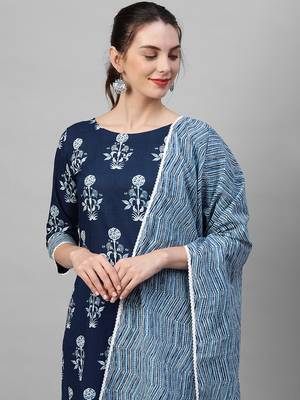 Indo Era Navy Blue Floral printed Kurta Palazzo With Hand Made Dupatta Set 4
