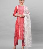 Indo Era PinkFloral Printed Kurta Trouser With Hand Made Dupatta Set