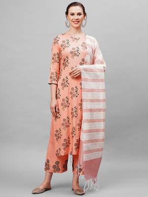 Indo Era Peach floral Printed Kurta Palazzo With  Ready Made Dupatta Set 1