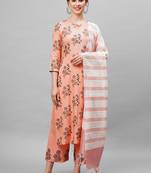 Indo Era Peach floral Printed Kurta Palazzo With  Ready Made Dupatta Set