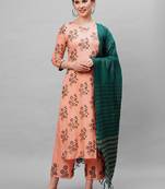 Indo Era Peach floral Printed Kurta Palazzo With  Ready Made Dupatta Set