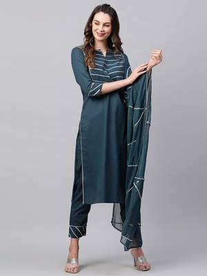Indo Era Teal Solid Yoke Kurta Palazzo With Hand Made Dupatta Set 1