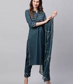 Indo Era Teal Solid Yoke Kurta Palazzo With Hand Made Dupatta Set