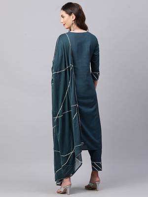 Indo Era Teal Solid Yoke Kurta Palazzo With Hand Made Dupatta Set 2