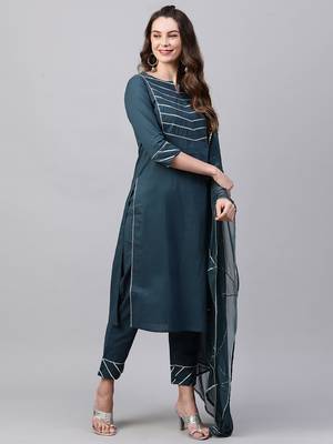 Indo Era Teal Solid Yoke Kurta Palazzo With Hand Made Dupatta Set 3
