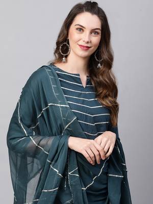 Indo Era Teal Solid Yoke Kurta Palazzo With Hand Made Dupatta Set 4
