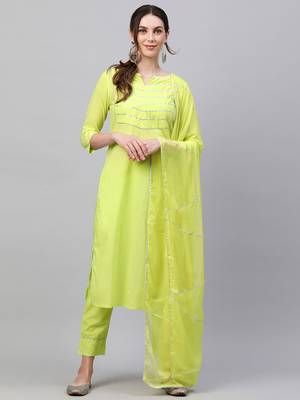 Indo Era Green  Solid Yoke Kurta Palazzo With Hand Made Dupatta Set 1