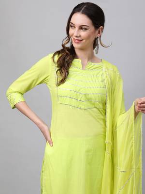 Indo Era Green  Solid Yoke Kurta Palazzo With Hand Made Dupatta Set 4