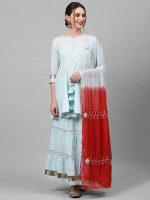 Indo Era Blue Solid A Line Kurta Skirt With Hand Made Dupatta Set 1
