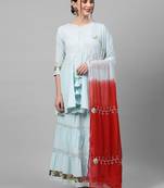 Indo Era Blue Solid A Line Kurta Skirt With Hand Made Dupatta Set
