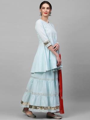 Indo Era Blue Solid A Line Kurta Skirt With Hand Made Dupatta Set 3