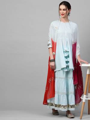Indo Era Blue Solid A Line Kurta Skirt With Hand Made Dupatta Set 4