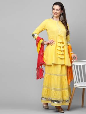 Indo Era Yellow Solid A Line Kurta Skirt With Hand Made Dupatta Set 1