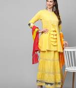 Indo Era Yellow Solid A Line Kurta Skirt With Hand Made Dupatta Set