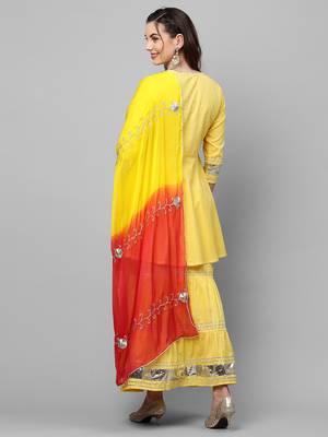 Indo Era Yellow Solid A Line Kurta Skirt With Hand Made Dupatta Set 2