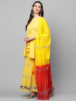 Indo Era Yellow Solid A Line Kurta Skirt With Hand Made Dupatta Set 3