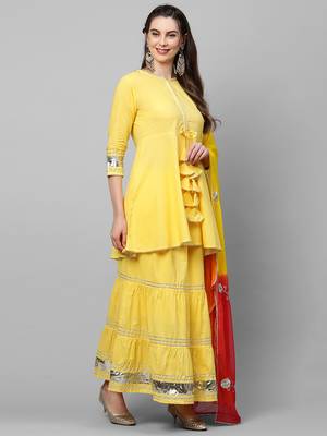 Indo Era Yellow Solid A Line Kurta Skirt With Hand Made Dupatta Set 4