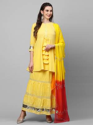 Indo Era Yellow Solid A Line Kurta Skirt With Hand Made Dupatta Set 5