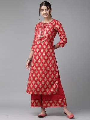 Indo Era Red Printed Yoke Kurta With Sharara Set 1