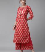 Indo Era Red Printed Yoke Kurta With Sharara Set