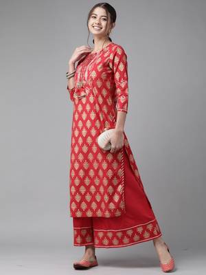 Indo Era Red Printed Yoke Kurta With Sharara Set 4