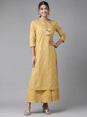 Indo Era Yellow Printed Yoke Kurta With Sharara Set 1