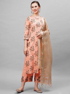 Indo Era Peach Floral Printed Kurta With Palazzo And Dupatta 1