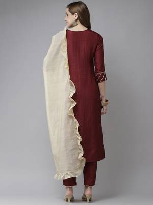 Indo Era Wine With Yoke Straight Kurta With Palazzo And Dupatta 2